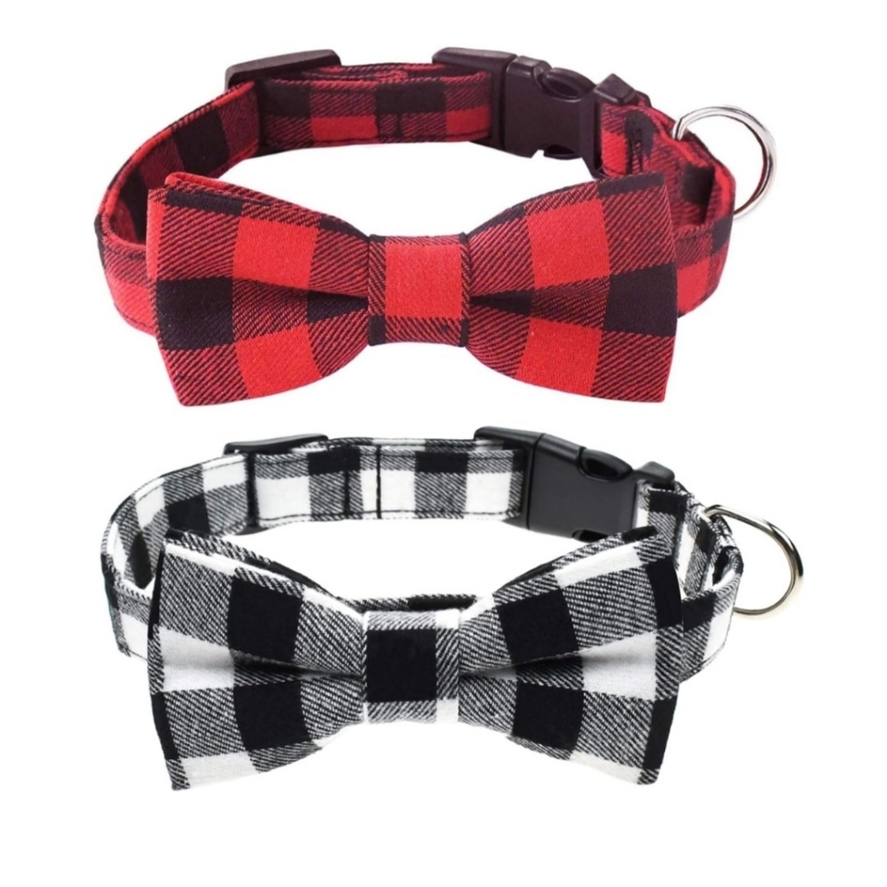 2 Pack Christmas Dog Collar w/ Bow Tie Classic Buffalo Plaid Pattern Size Large
